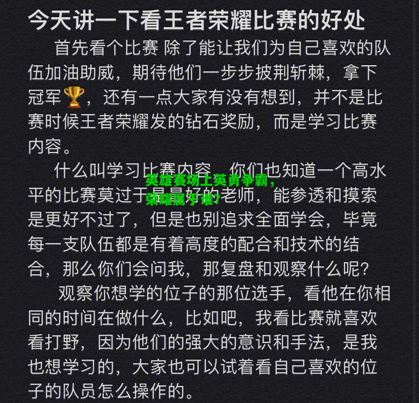 英雄赛场上英勇争霸，荣耀属于谁？